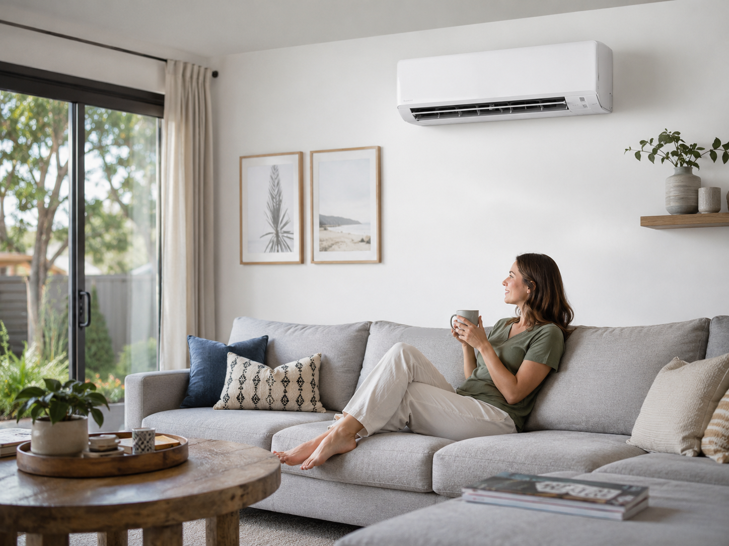 Modern home living room with a wall mounted air conditioning unit installed